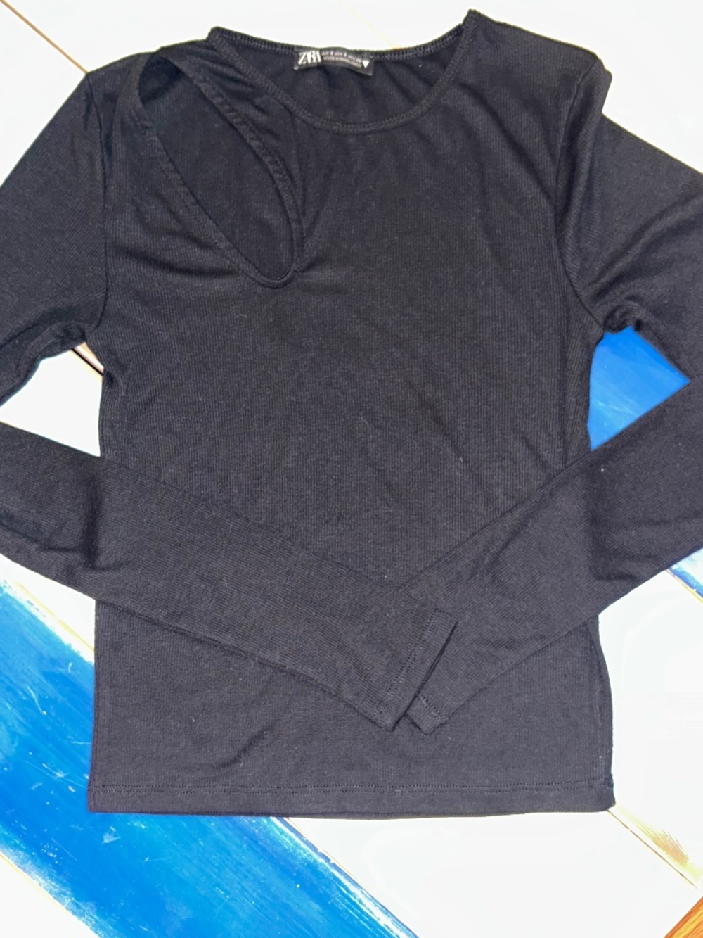 Zara Women’s Black Ribbed Cutout Long Sleeve Top Size Small